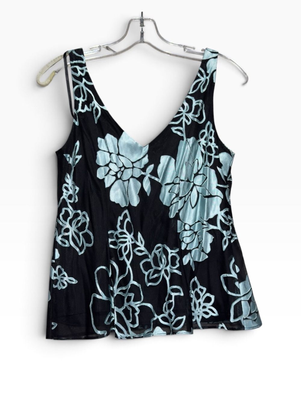 Alex Dressy Tank Top Y2K Sheer Lining Black Blue Floral V Neck Blouse Size M